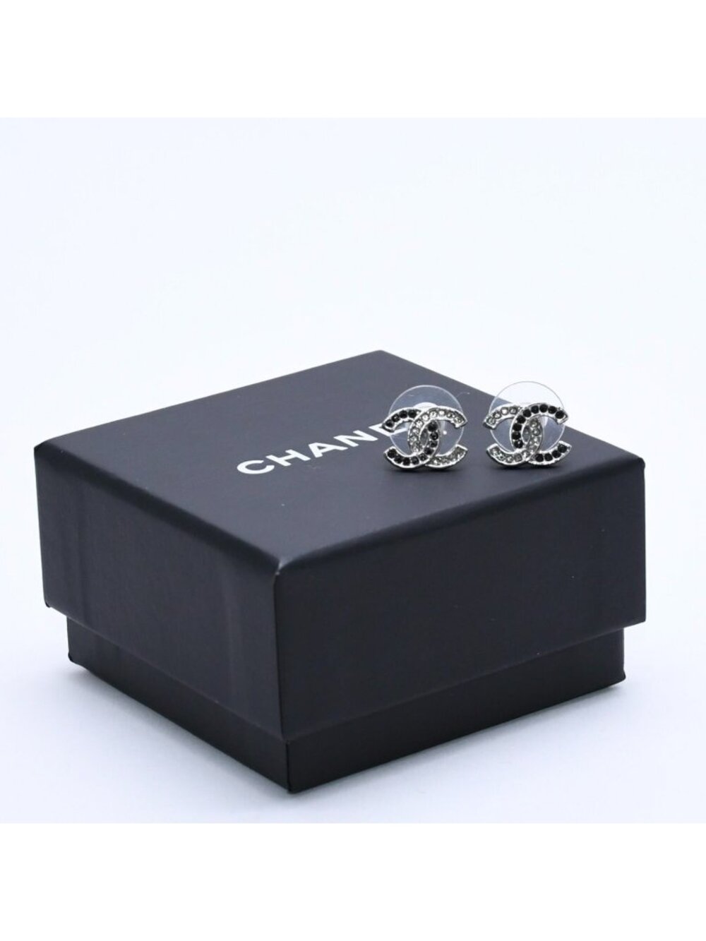 Chanel CC Logo Earrings 18 Metal Rhinestone Silver Black Clear